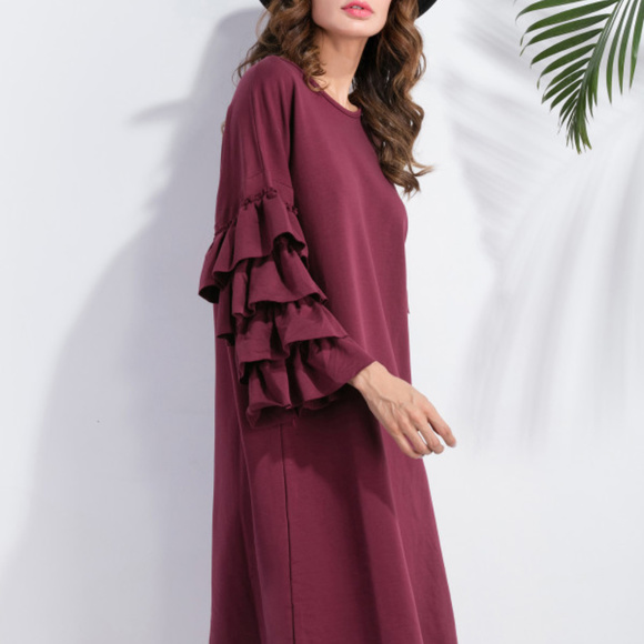 Burgundy Ruffle Sleeve Tunic Dress - Picture 3 of 3